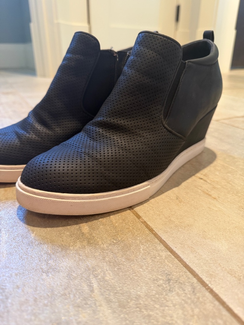 Susina Black Perforated Wedge Sneaker Booties with White Sole